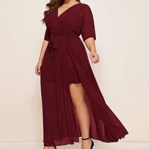 Plus Batwing Sleeve Self Belted Wrap Dress